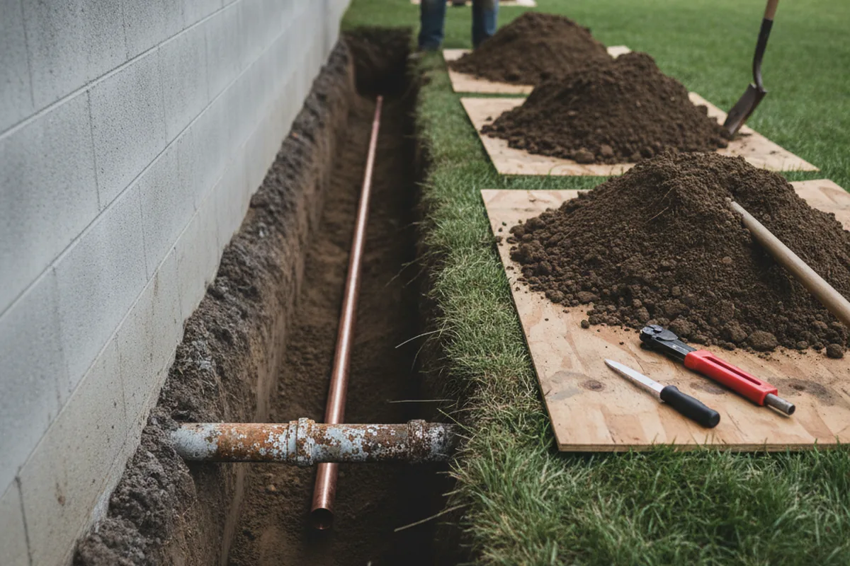 Excavated water line trench during Water Softener Installation in Charleston